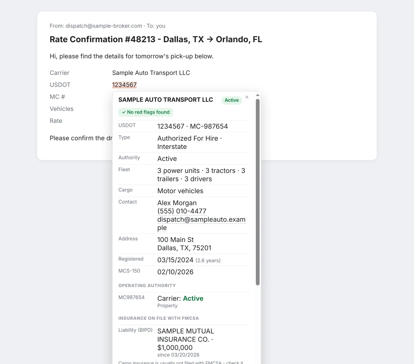 Carrier card over a broker email